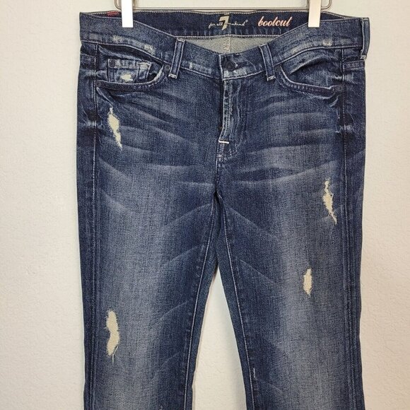 7 For All Mankind Sz 30 Distressed Bootcut Jeans Low Mid Rise Dark Wash Casual - Picture 2 of 5